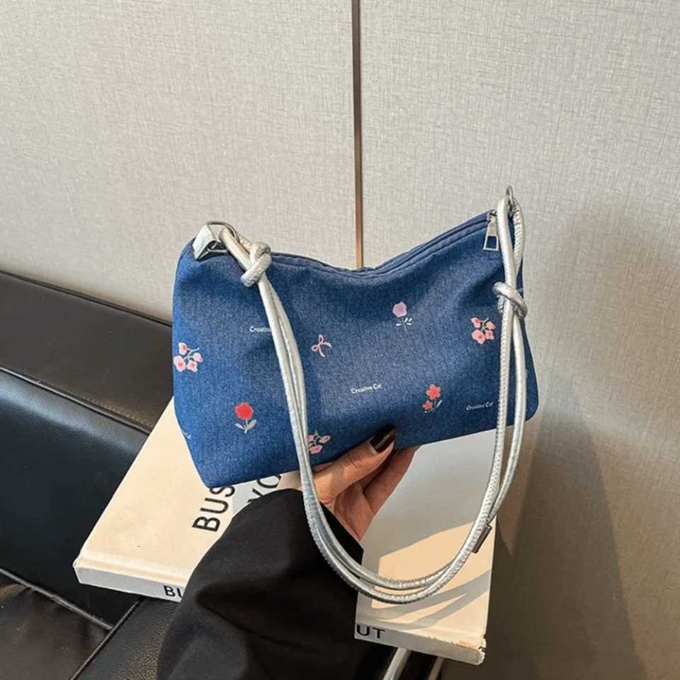 Trendy Korean Bow Underarm Bag Versatile Sweet Denim Shoulder Bag Zipper Blue Womens Handbag FemaleT251020