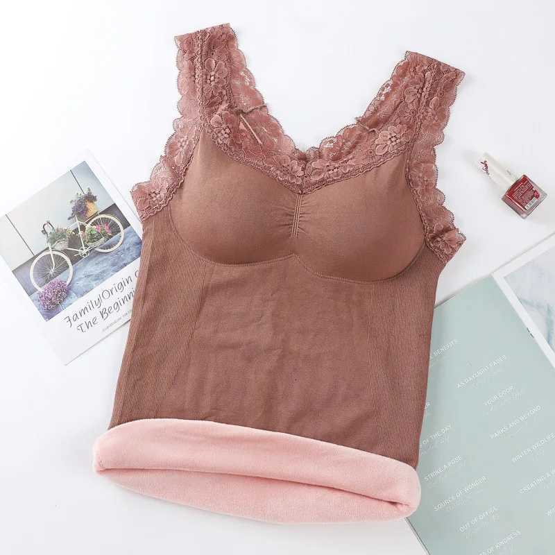 New AutumnWinter Lace Warm Tank Top VNeck Strap Bottom Coat With Plush and Thickened Cover Cup Warm UnderwearT251020