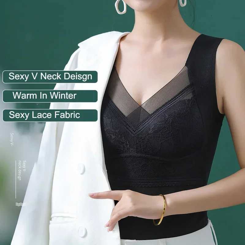 New Women Vest with Chest Pads Lace Camisole Vneck Bra with Chest Pad Slim Traceless Vest Womens Warm for Wear for LadiesT251020