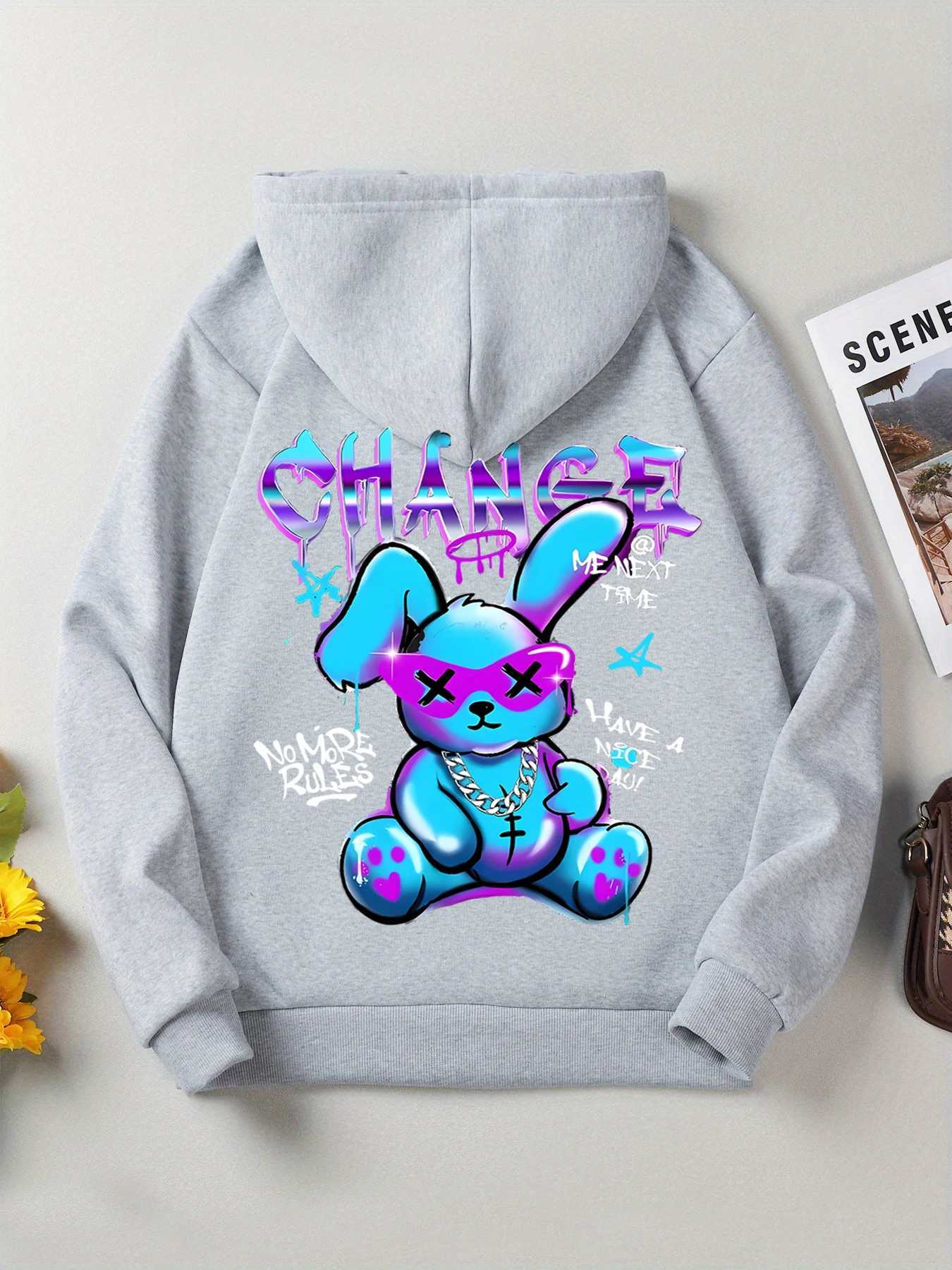 Trendy Rabbit Cartoons Print Sweatshirt Female Fashion AllMatch Street Hoody Crewneck Casual Hoodies Pullover Oversize Clothing W251020