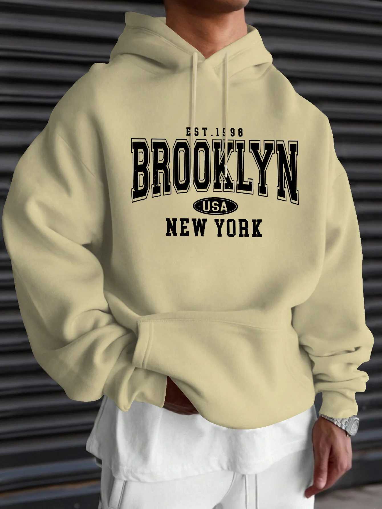 Piece for Mens Casual Hoodie Brooklyn New York Pattern Print Regular Style Longsleeved Pullover Autumn and Winter Style W251020