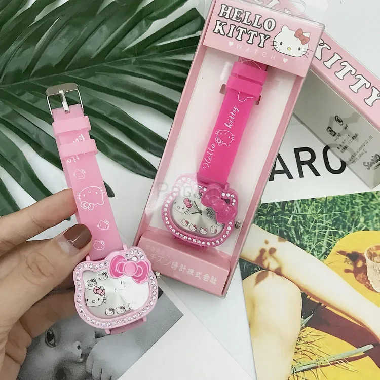 Sanrio 2025 New Hello Kitty Digital Quartz Watch Set Cat Head Cartoon Fashion Love Dial Leather Strap Children Clock Girl Birthday Gift L251020