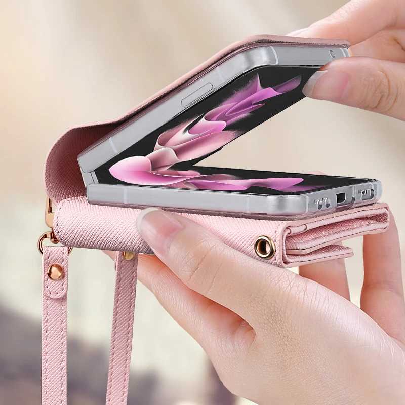 VietaoLeather Wallet Case for Galaxy Z Flip 4 3 Z4 Z3 z flip 5 phone case with hand strap Z flip 6 Flip 7 caseY251020