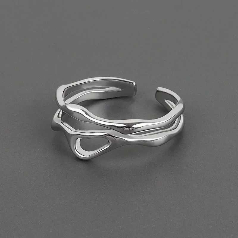 Silver Color Irregular Hollow Double Line Geometric Ring Female Simple Unique Design Fashion Adjustable Jewelry J251020