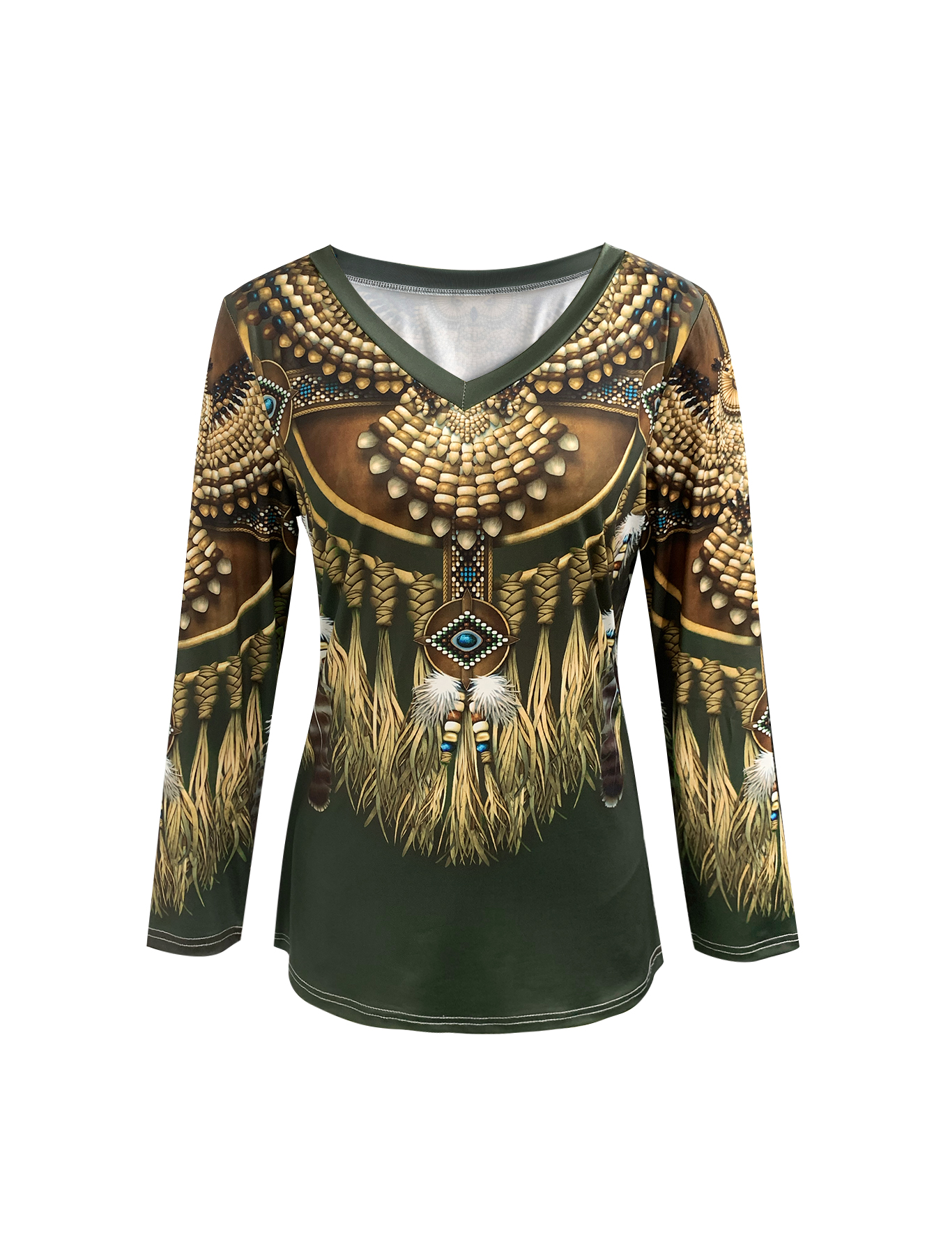 Women's Autumn & Winter Retro Ethnic Style V - Neck Long Sleeve Top, Casual Milk Silk Blouse-CF40221