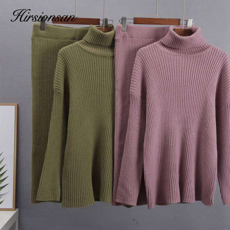 Hirsionsan Elegant Knitted Sets Women New Casual Two Pieces Turtle Neck Sweater And Midi Female Warm Suits With Skirt 251020 251020
