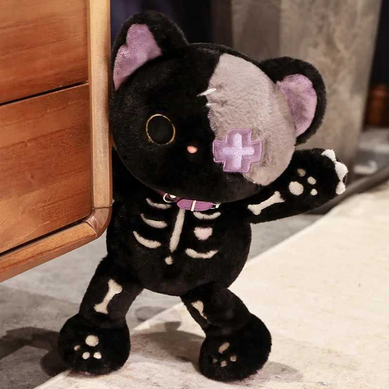 Kawaii Black Skeleton Cat Plush Toy Creative Stuffed Animal Fluffly Gothic Skull Kitten for Kids Halloween Gifts J251020