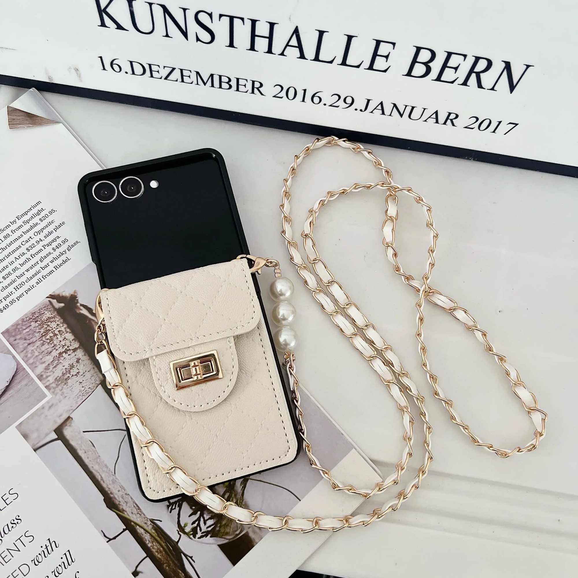 For Women Luxurious Fragrant Pearl Crossbody Card Holder Wallet Phone Case for Galaxy Z Flip 7 6 5 4 3 Shockproof Cover J251114