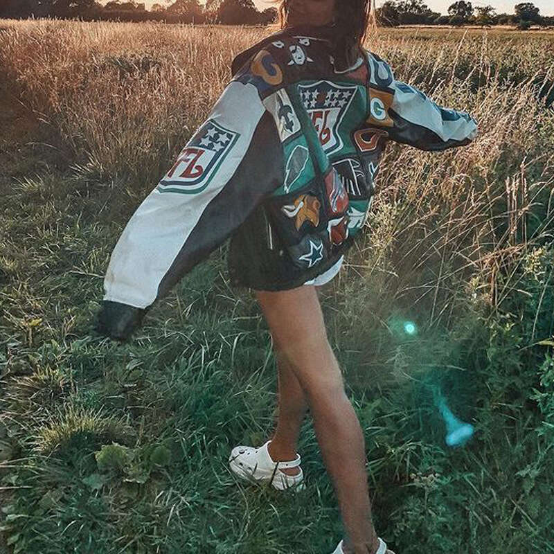 2022 Autumn Winter New Cross-Border Amazon Color Block Print Casual Loose Color Block Long Sleeve Trench Coat Jacket