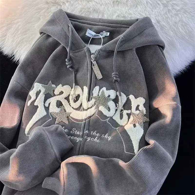 Plus Size XL3XL Corduroy Embroidery Loose Hoodies Women Sprring Autumn Long Sleeve Zipper Hood Shirt Harajuku Y2K Sweatshirt W251020