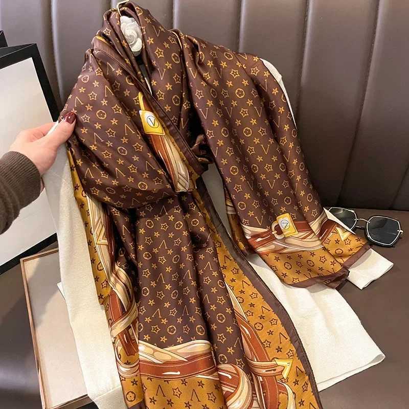 180X86CM New Popular Print Bandannas Silk Scarves Four Seasons Satin Beach Sun protection Towel Fashion Flower Long ShawlsL251020