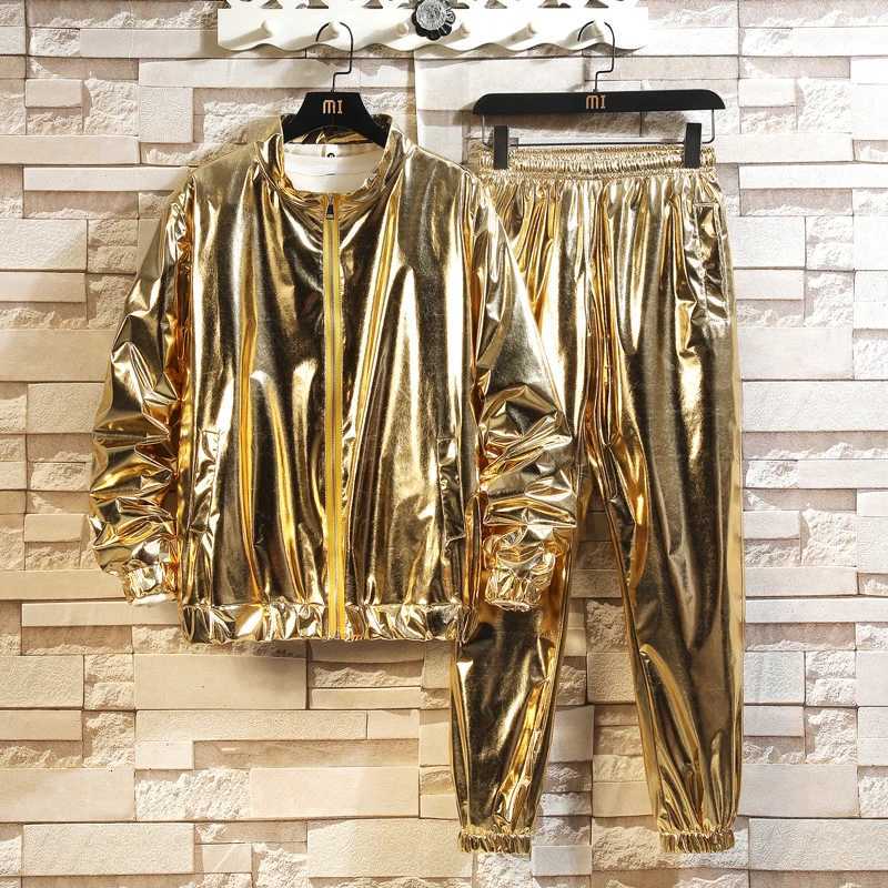 Shiny Gold Mens Stage Performance Suit Set with Loose Long Sleeve Top and Pants Silver Stylish Casual Outfit W251020