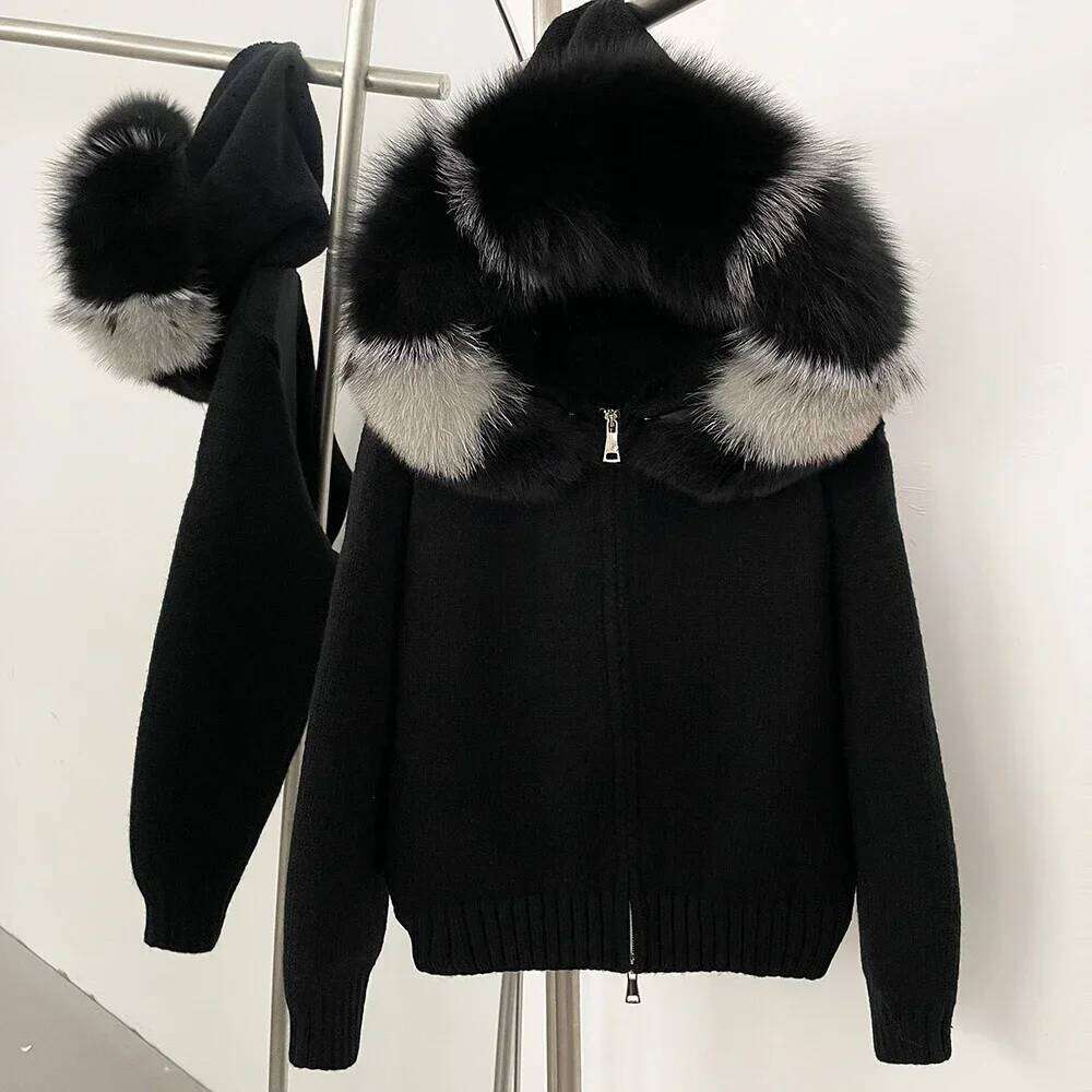 Cardigan Natural Fox Coat Women Real Mongolian Knitwear Female Spring Autumn Hooded Knitted Fur Jacket