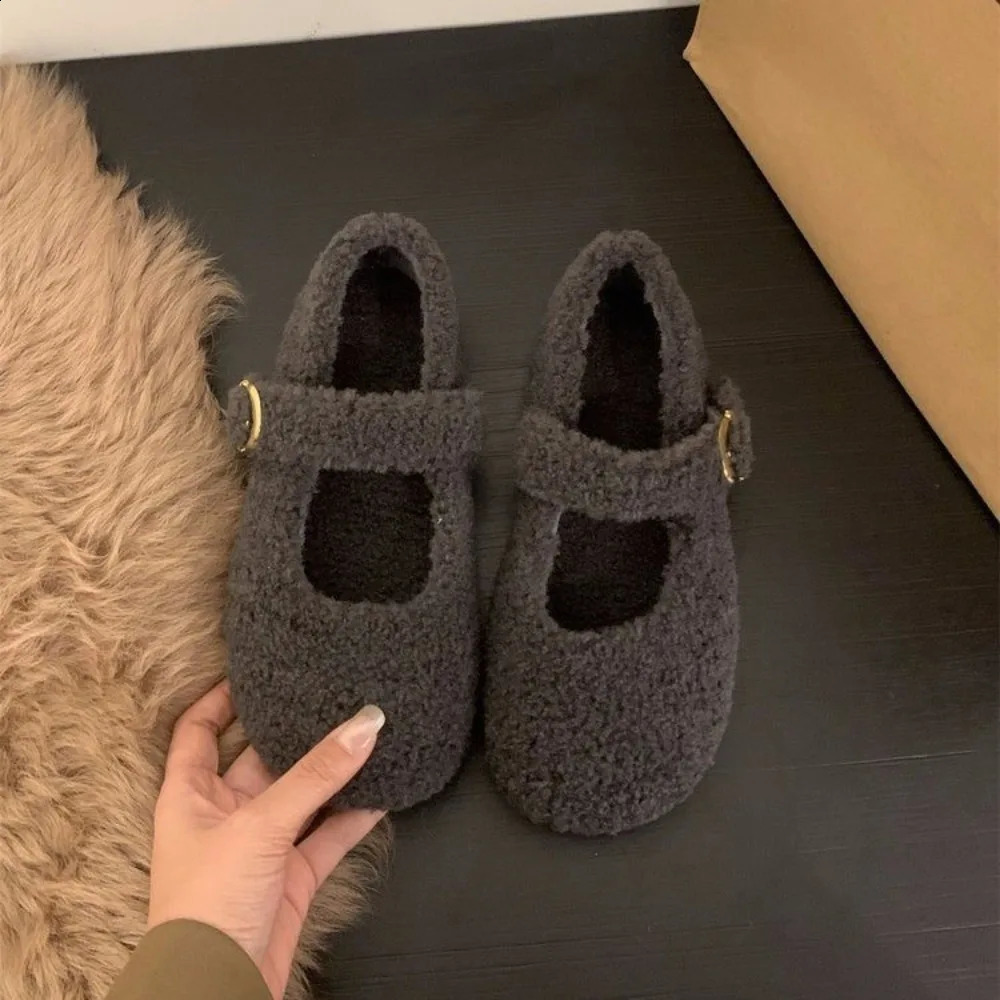 Fashion Square Toe Fleece Flet Ballet Flats Woman Winter Warm Wool Mary Jane Shoes Ladies Elegant Plush Loafers 251013
