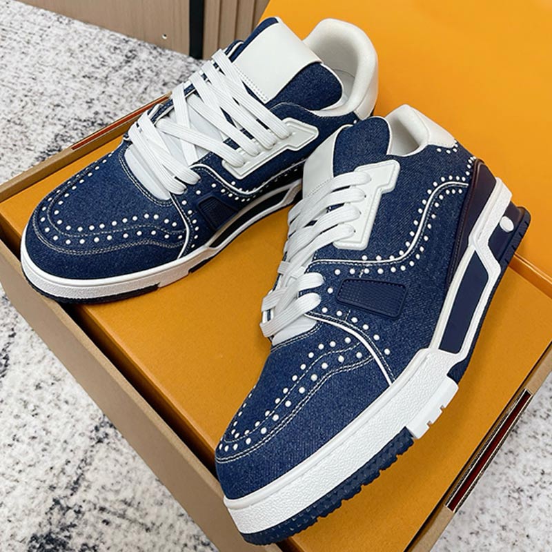 Luxury Designer Trainer Sneaker classic mens sports shoes indigo blue denim pearls upper anti slip rubber sole fashionable retro men casual shoes