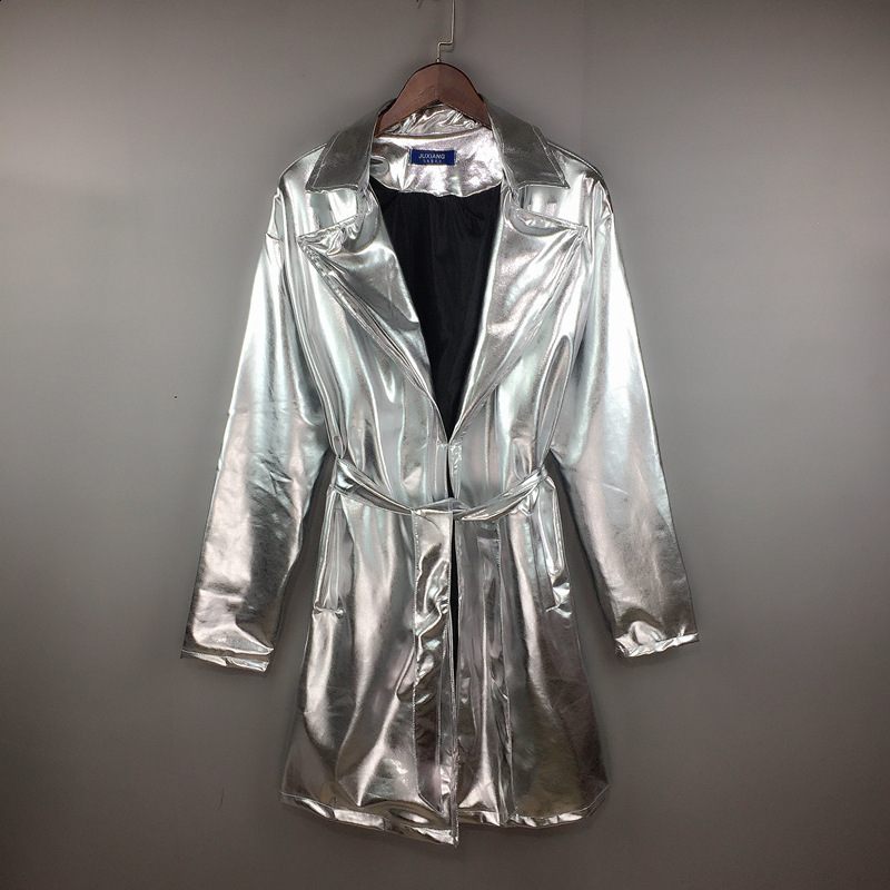 Women's Jackets Autumn Long Oversize Silver Leather Trench Coat Women Sleeve Lapel With Belt Stylish French Fashion Retro OverCoat 231205