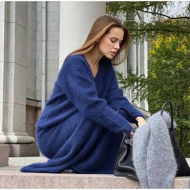 Fall V-Neck Tops Long Skirt Sets Women Fluffy Soft Mink Cashmere Sweater Suits Female Elegant Solid Warm Outfits Z002 251020 251020