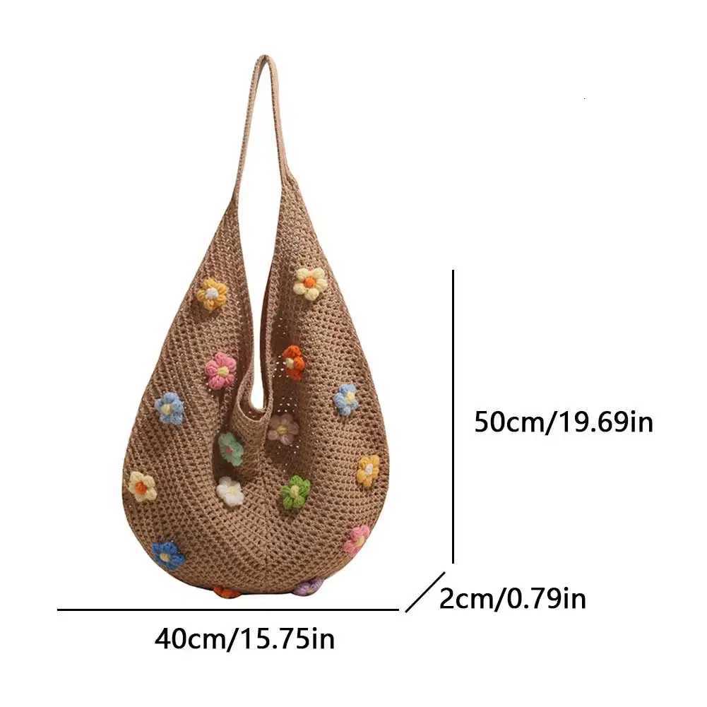 Women Flower Knitted Shoulder Bag Hollow Out Handbag Large Capacity Handwoven Hobo Bag Casual Top Handle Bag Outdoor Travel BagT251020