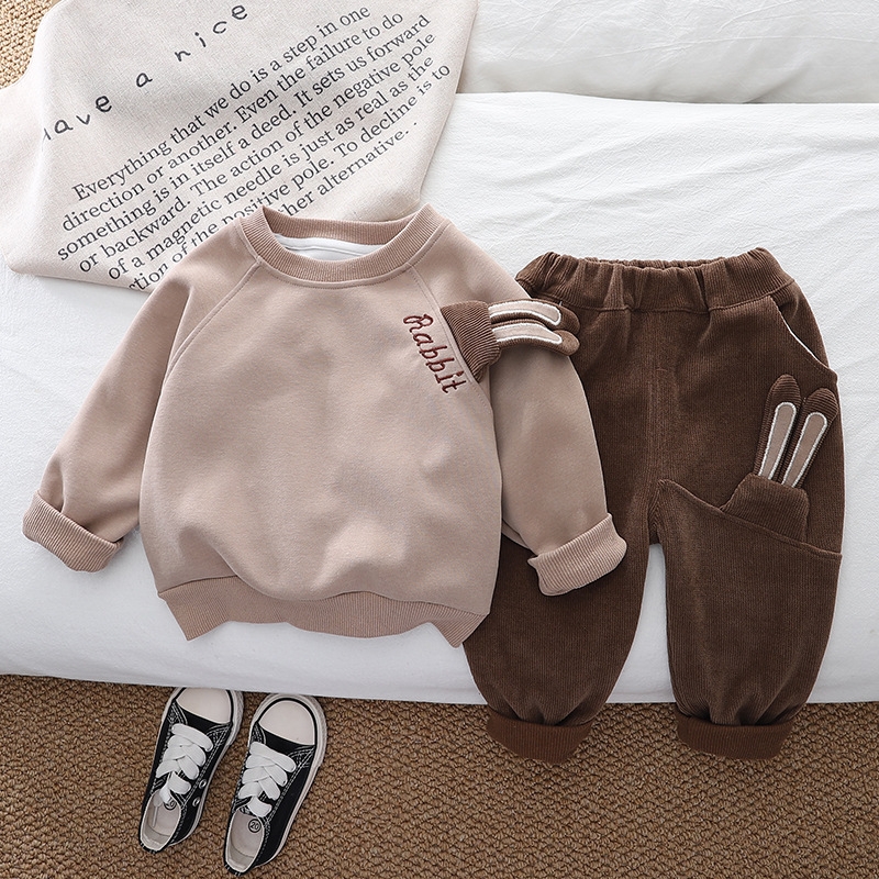 2025 new hot selling baby spring and autumn clothes, children's cute rabbit bags, two-piece set, trendy children's spring clothes, hoodie se