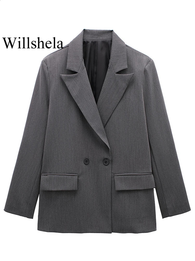Willshela Women Fashion With Pockets Solid Double Breasted Blazer Vintage Long Sleeves Notched Neck Female Office Lady Outfits 251106