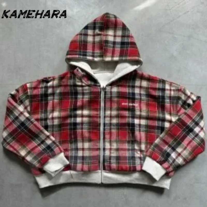 KAMEHARA Y2K Korean Street Retro Doublesided Plaid Loose Zipper Hoodie Harajuku Hiphop Gothic Couple Casual Simple Sweatshirt W251020