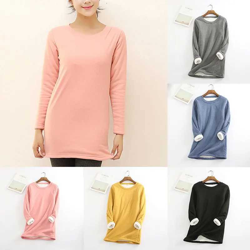 Winter Women Long Sleeve Thick Plus Velvet TShirt Warm Cotton Fleece Thermal Tops Casual Soft ONeck Undershirt S5XLT251020