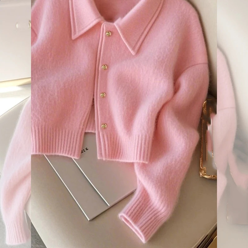Pink Short Sweater Coat Womens Winter Highgrade Soft Waxy Cardigan Jackets Top Longsleeved Loose Elegant Knitted Outwear 251015