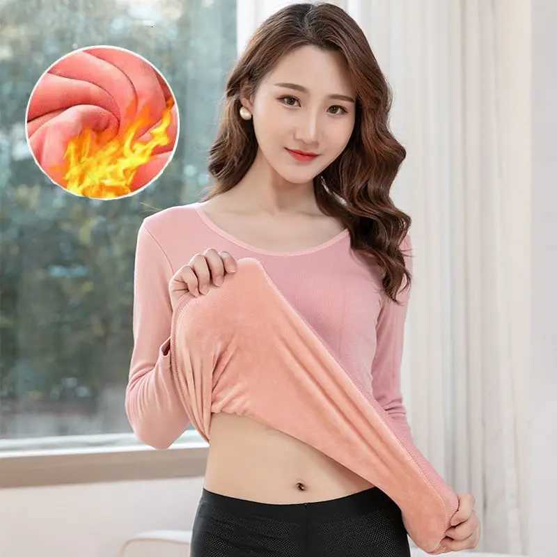 Winter Womens Thermal Underwear Fashion Slim Bodycare Sexy Lace Collar Design Fleece Inside Underwaist Female Warm Pullover TopT251020