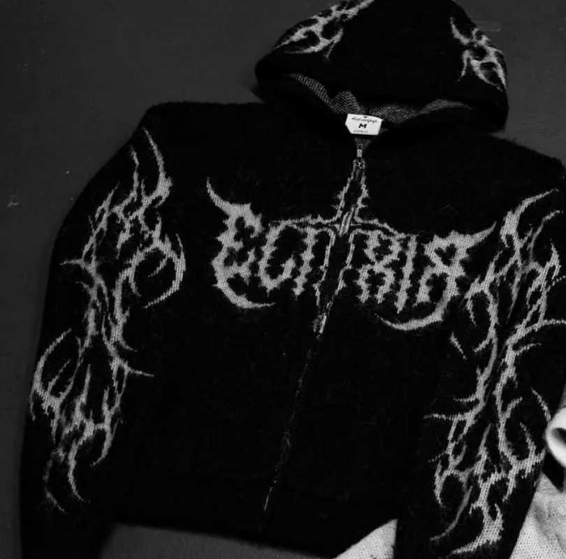 New Y2K trendy fashion bramble pattern hoodie European American high street rock casual punk black white couple hoodie W251020