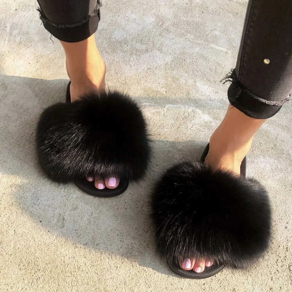MPPM Real Fox Fur Slides for Women Luxury Designer Sandals On Summer Furry Slippers Flip Flops Shoes Plus Size Shoes M251020