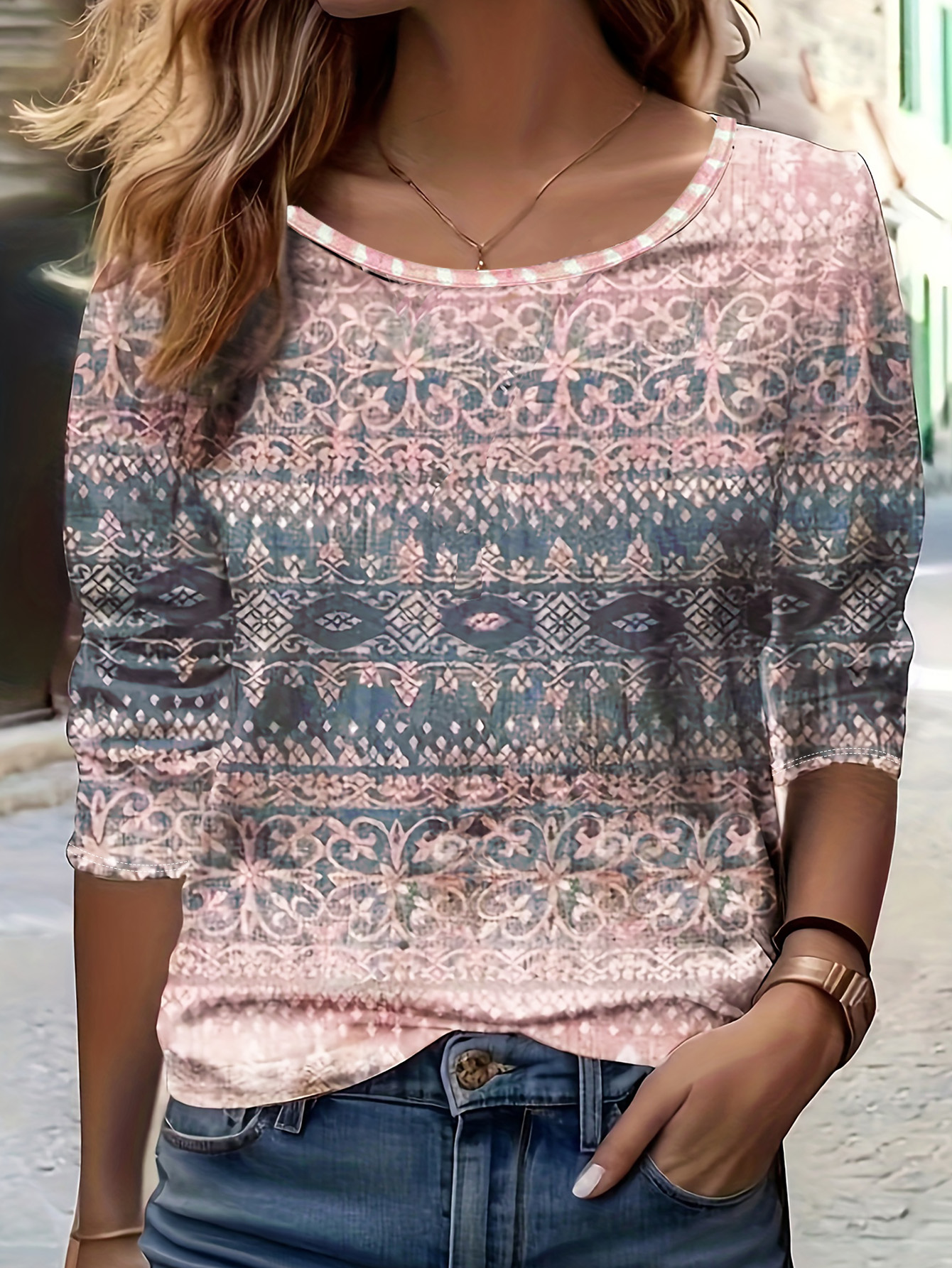 Women's CF25125 Elegant Paisley Printed Long Sleeve Top, Commute & Vacation Milk Silk Blouse-CF25125