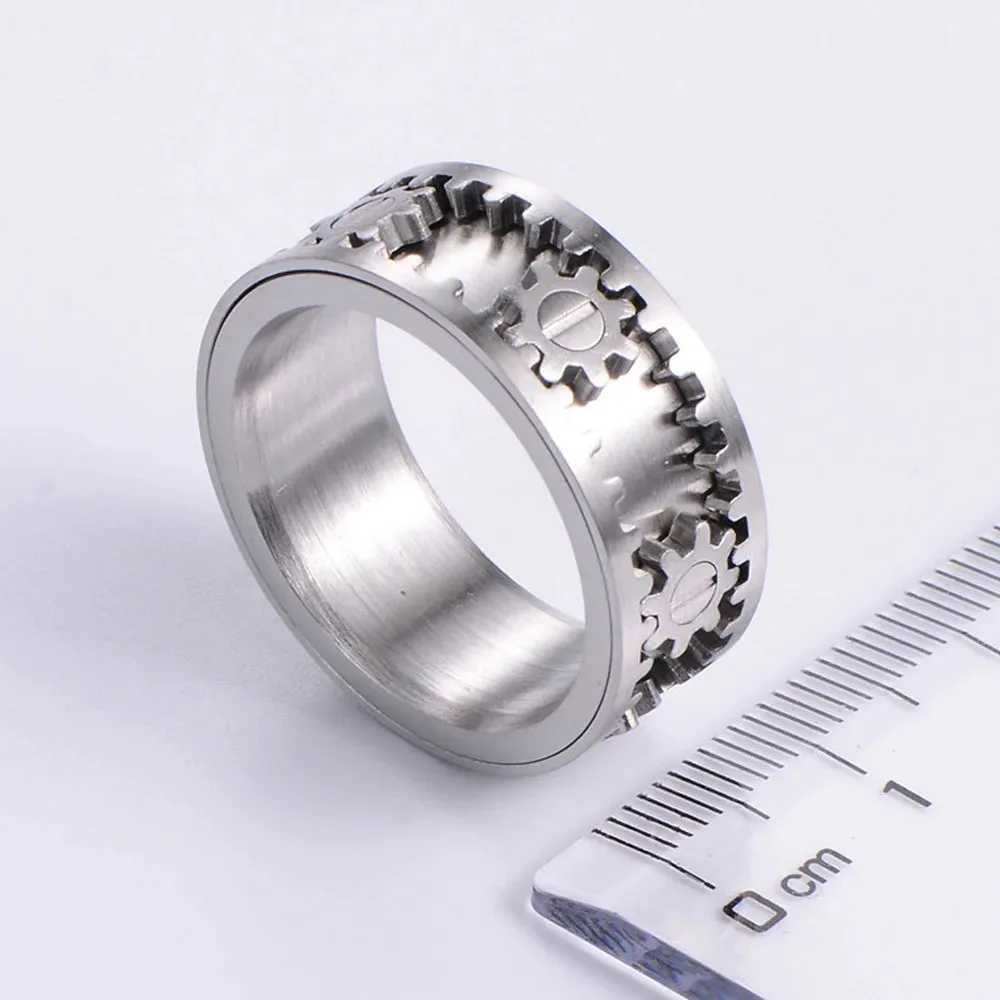 Time to Run Mens Titanium Steel Gear Ring Womens Steelcolored Rotatable Antianxiety Ring J251020