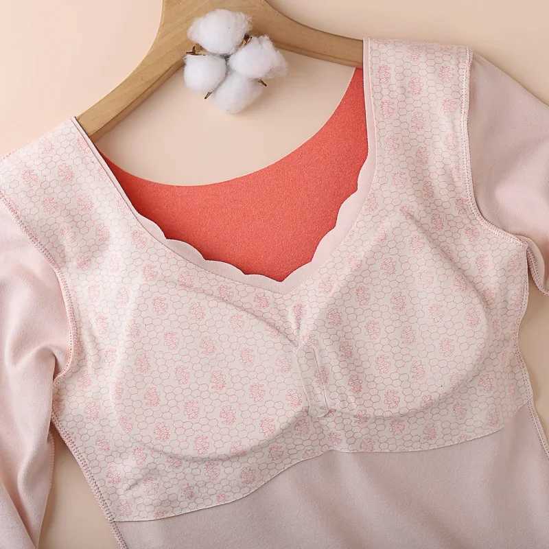 New Women Fall Thermal Top With Bra Long Sleeve Solid Low neckline Slim Tops Autumn And Winter For Women Design senseT251020