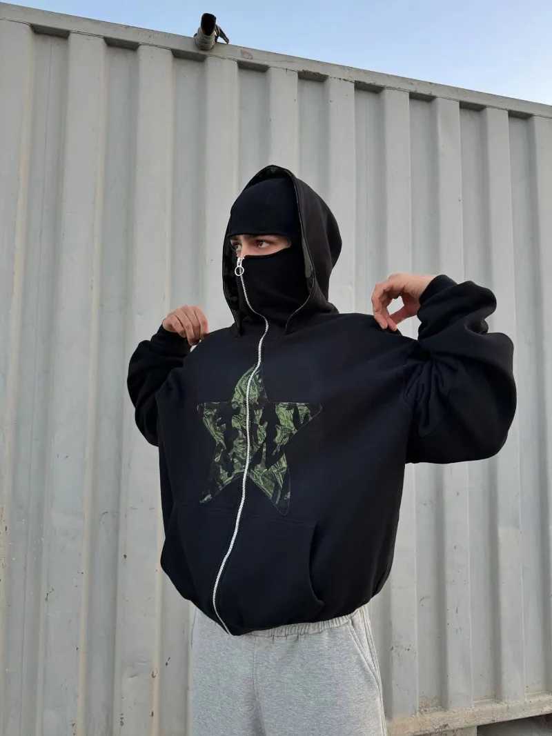Retro hip hop Y2K camouflage star print design loose men hoodie sweatshirt fashionable high street Gothic punk zipper hoodie W251020