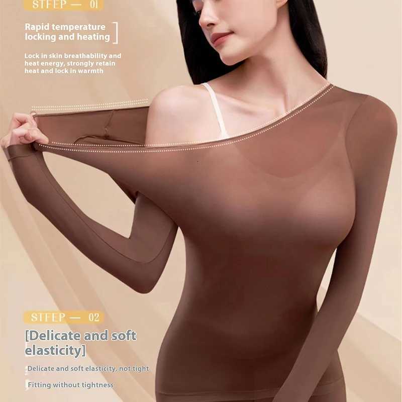 Women Warm Thermal Underwear Ultra Thin Traceless Long Sleeves Clothes High Elastic Set Black Tech Constant Temperature LingerieT251020