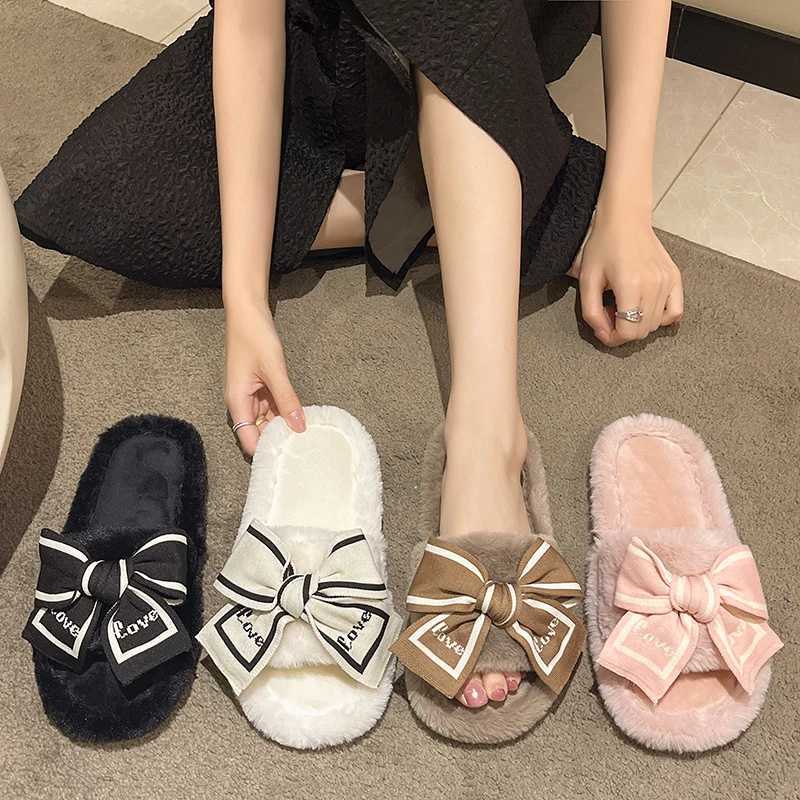 Casual Fluffy Slippers Women House Flats Fashion Winter Bowknot Love Designer Shoes Ladies Home Plush Platform Elegant Footwear Z20251020