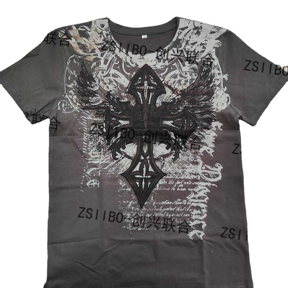 Gray Green Cross Full Print High-Quality Heavy Cotton Men's T-Shirt Women's Loose Short Sleeve European and American Export
