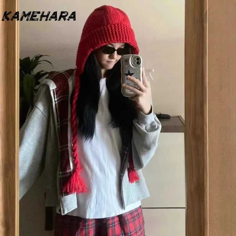 KAMEHARA Y2K Korean Street Retro Doublesided Plaid Loose Zipper Hoodie Harajuku Hiphop Gothic Couple Casual Simple Sweatshirt W251020