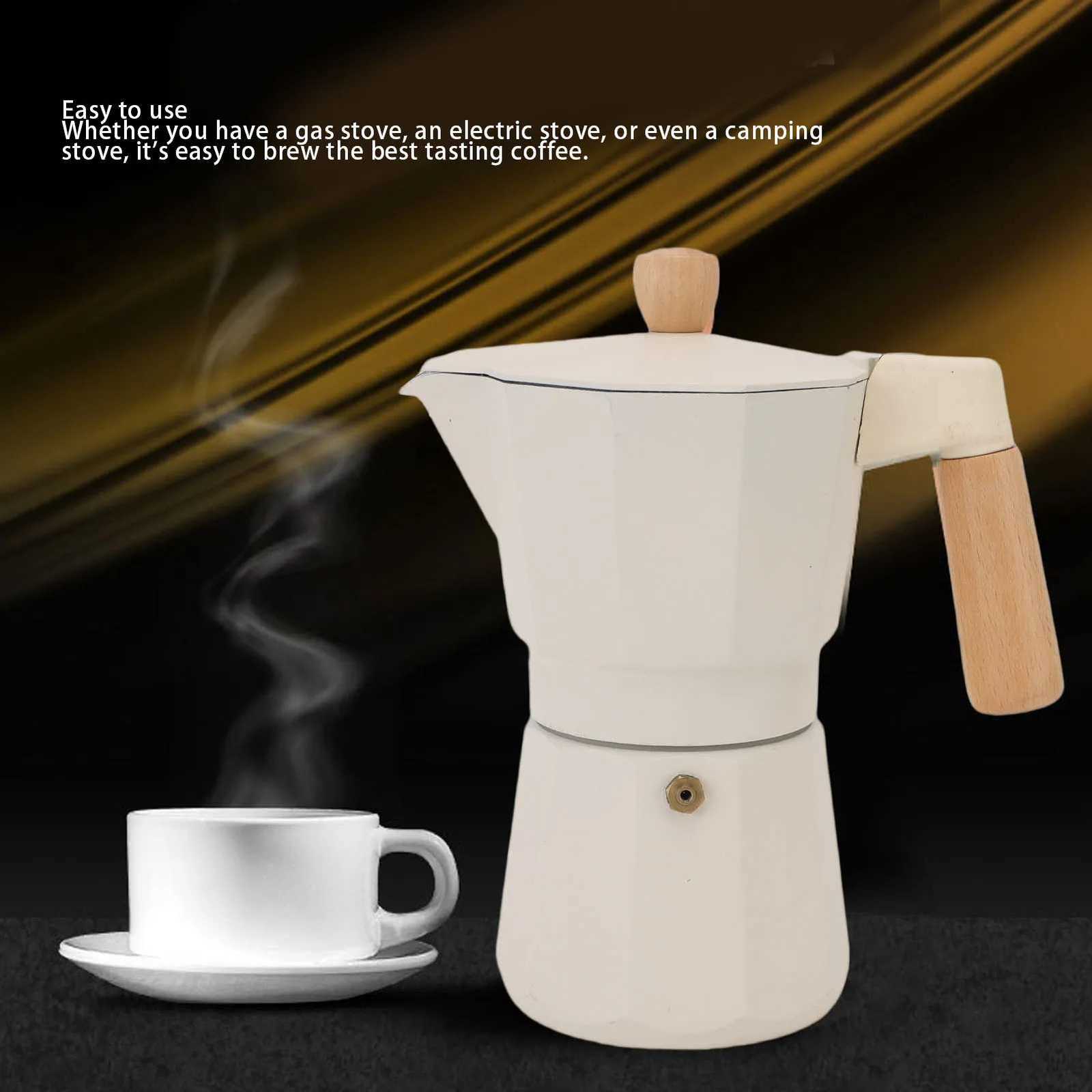 Stovetop Coffee Pot n Heat Distribution White Wooden Handle 300ML Single Valve Mocha Coffee Pot 6 Cup for Camping Stoves Y251020