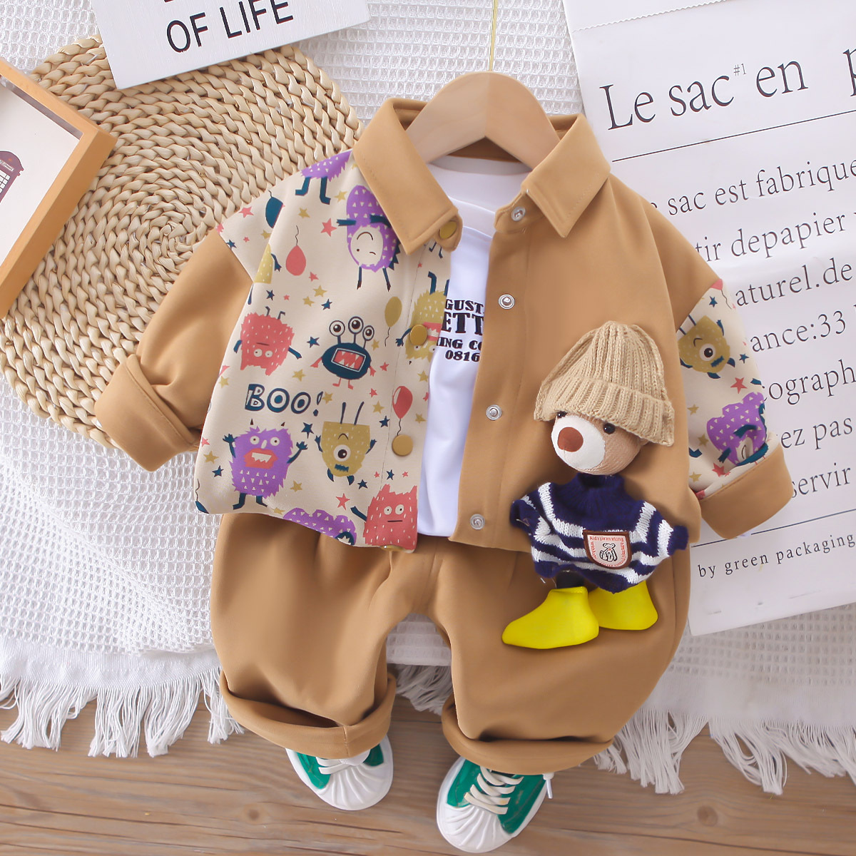 2025 New Hot Selling Fashionable Baby Block Three Piece Cub Set for Children's and Boys' Spring and Autumn Sets Free Shipping