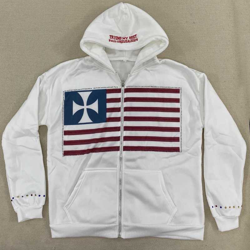 Y2K European American Fashion Flag Printed Aesthetics Long Sleeve Zipper Color Rhinestones Top Loose Casual Design Women Hoodie W251020