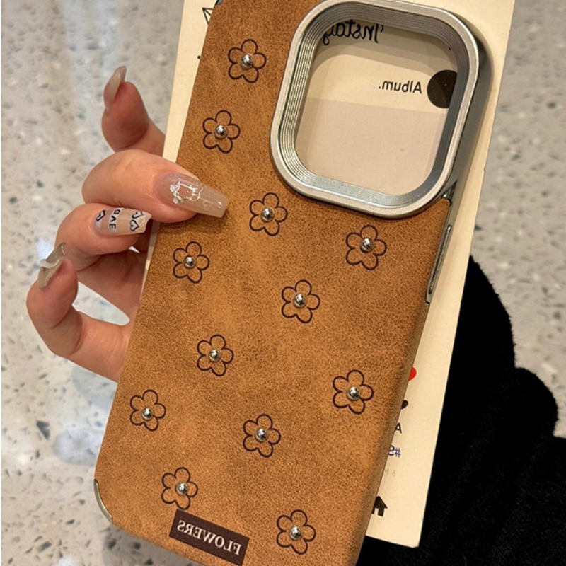 Autumn and Winter Brown Leather Three-Dimensional Flower Suitable for iphone 17promax Phone Case iPhone16 Anti-Fall 15/14