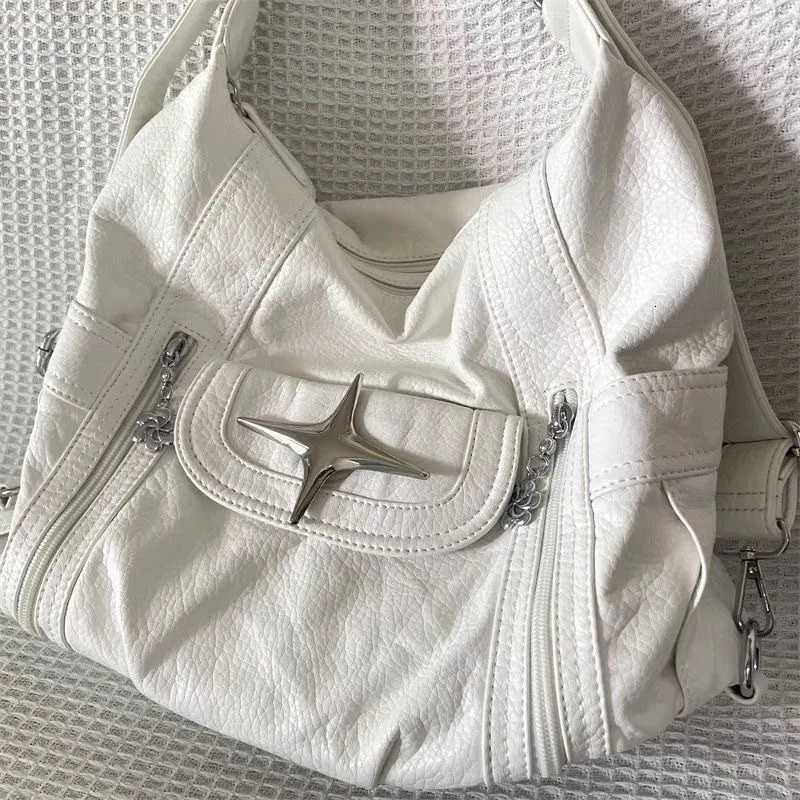 New Y2k Large Capacity Shoulder Bag White Pu Leather Cross Handbag American Style Punk Goth Fashion Simple Designer HandbagT251020