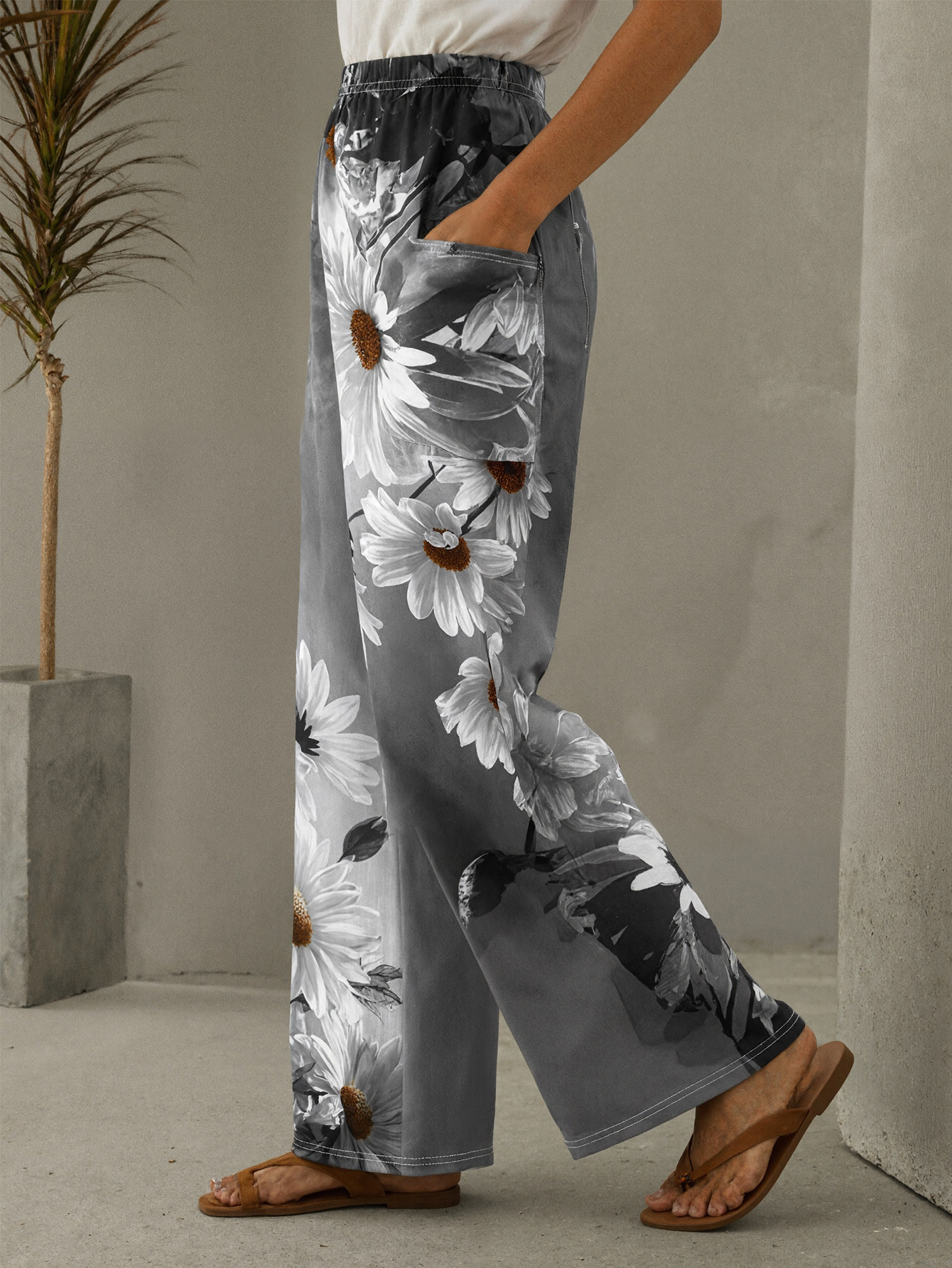 Women's Autumn & Winter New Fashion Floral Printed Casual Pants with Pockets, Milk Silk Elegant Wide-Leg Trousers -CF43761