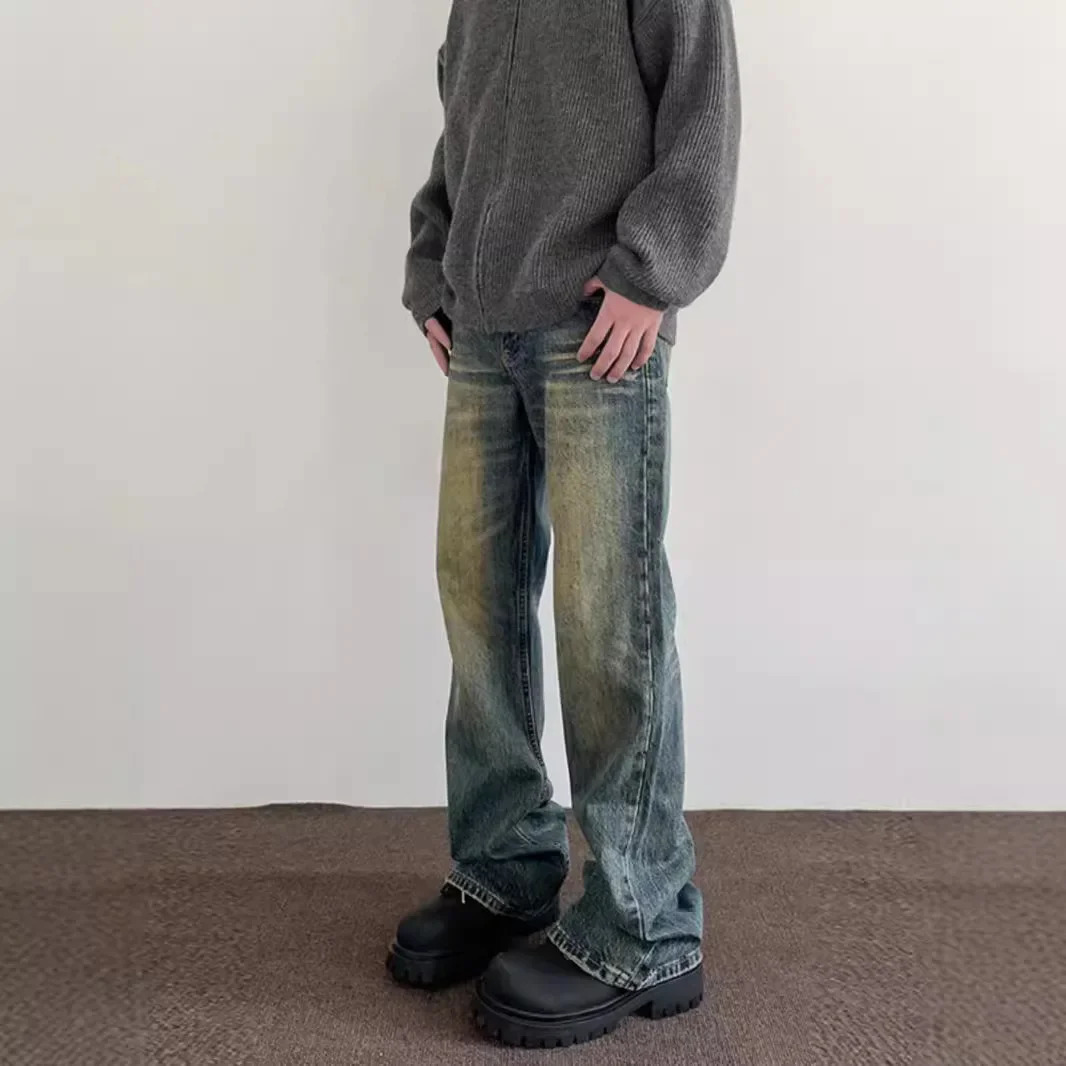 Vintage American Style Mens StraightLeg Slimming Long Jeans Distressed Washing Denim Pants Trendy Bootcut 251009