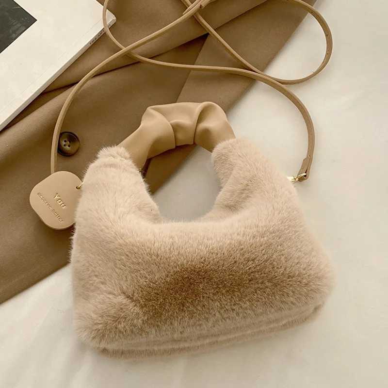 Cute Faux Fur Plush Handbags Ruched Handle Small Lady Shoulder Crossbody Bag Casual Tote HalfMoon Hobos Winter Bags for WomenT251020