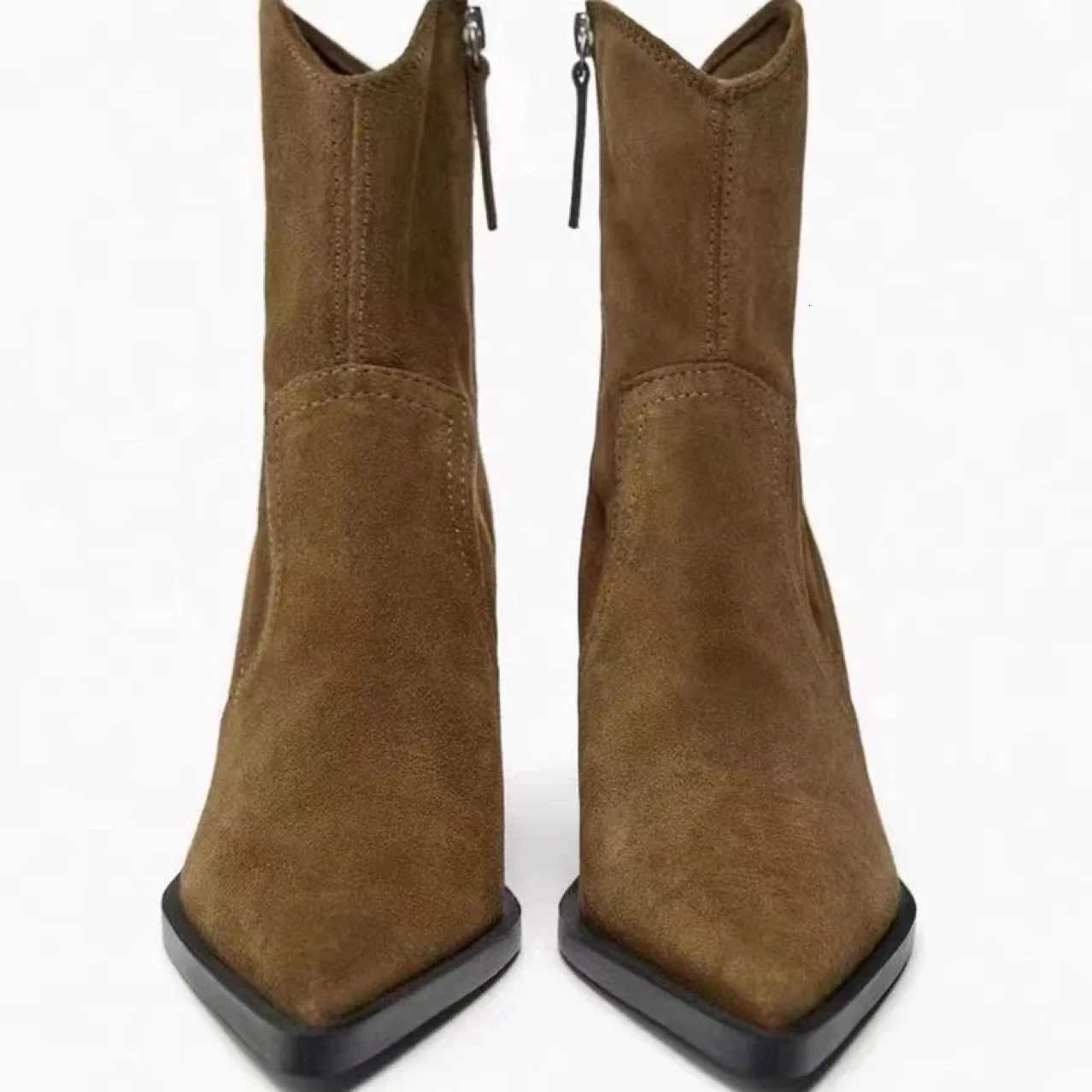 Womens Brown Suede Ankle Boots Pointed Toe Block Heel Side Zipper Wern Style Stylish Comfortable AutumnWinterXJ251020 - view 5