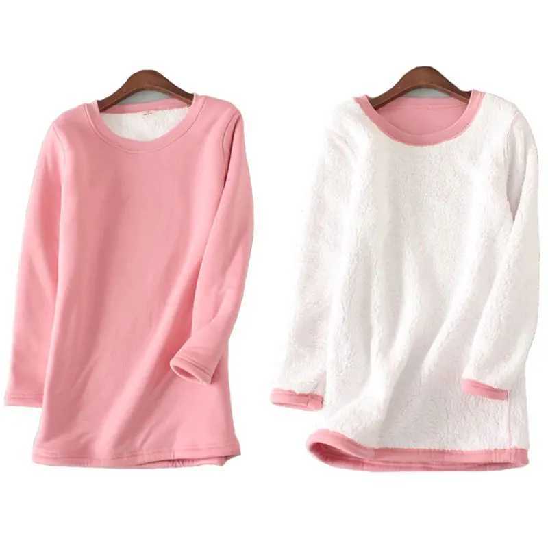 Winter Women Long Sleeve Thick Plus Velvet TShirt Warm Cotton Fleece Thermal Tops Casual Soft ONeck Undershirt S5XLT251020