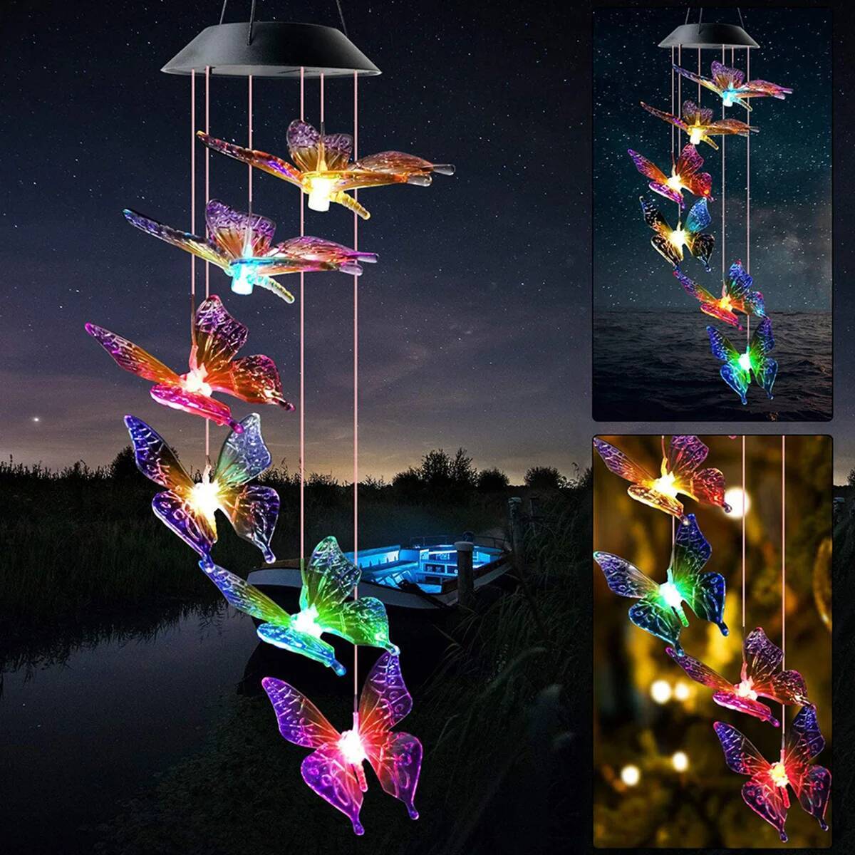 Butterfly Solar Wind Chime 120mAh Multicolor Light Waterproof Chandelier with Bell for Garden Home Yard Lawn Decoration ddmysept