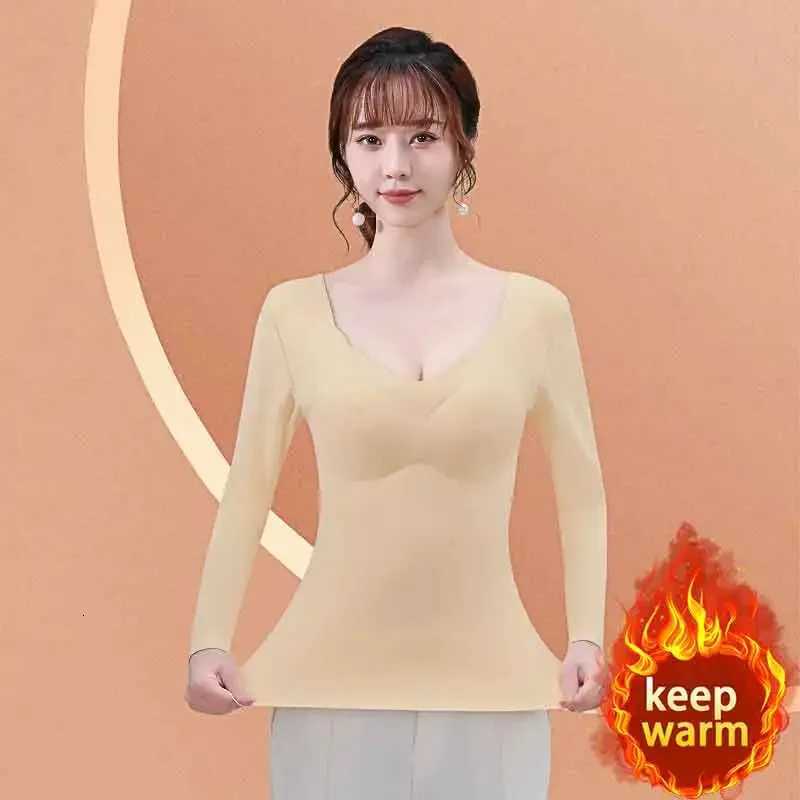 New Women Fall Thermal Top With Bra Long Sleeve Solid Low neckline Slim Tops Autumn And Winter For Women Design senseT251020